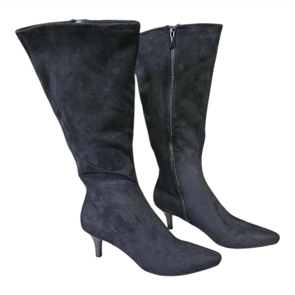 IMPO Norris Black Stretch Slim Fit Knee High Boots Kitten Heel Pointed Toe 7.5 - Picture 2 of 6